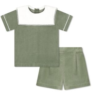 NWT Lullaby Set Christian Short Set in Leyland Green Velvet Sailor Collar, 12M